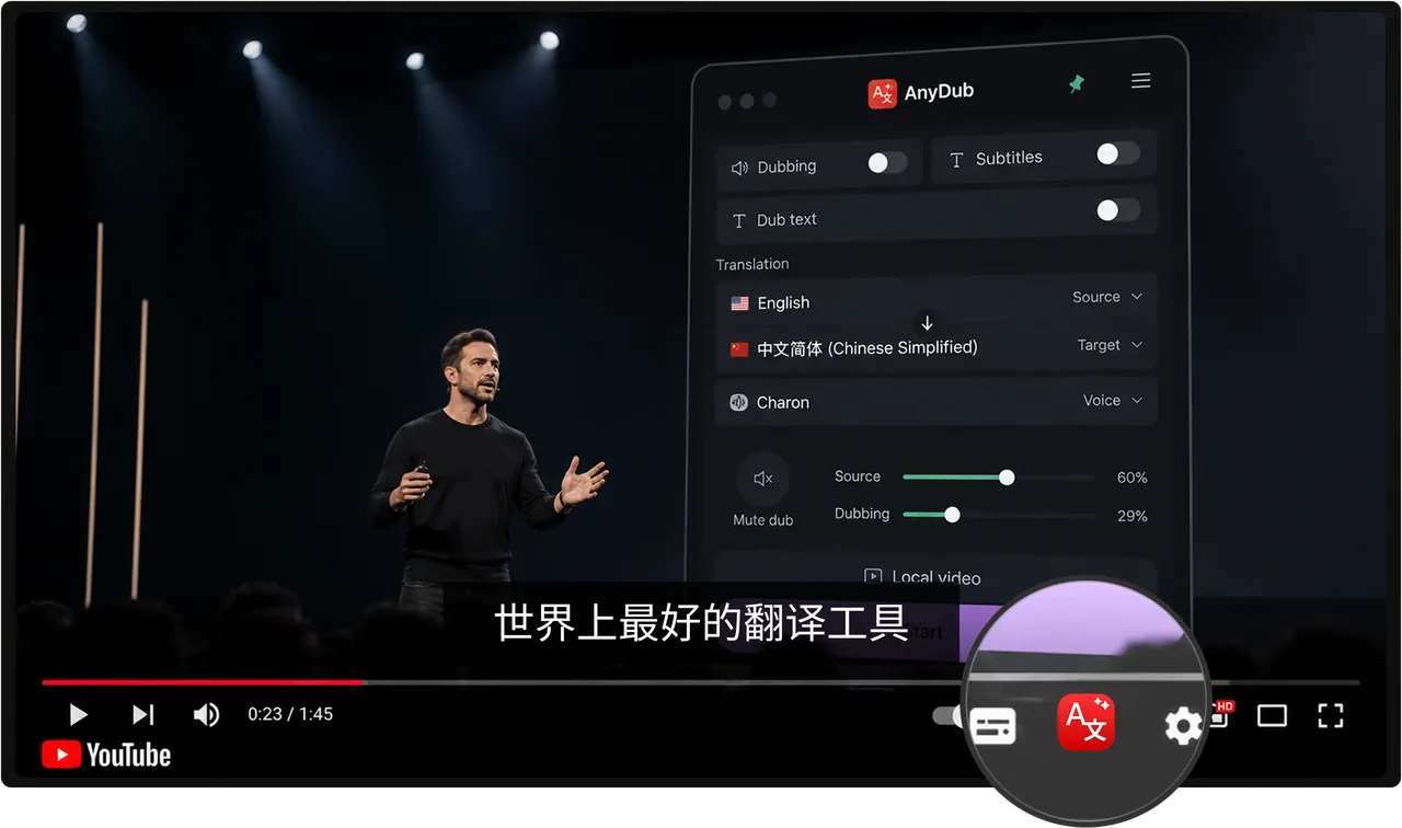 AnyDub translated subtitles inside the YouTube player