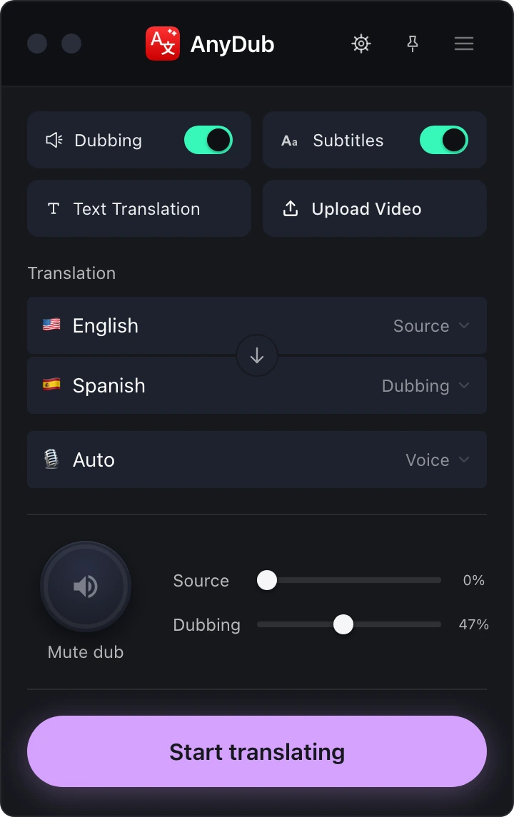 The AnyDub panel: Dubbing and Subtitles switches, source and target languages, voice, volume sliders, and a Start translating button.