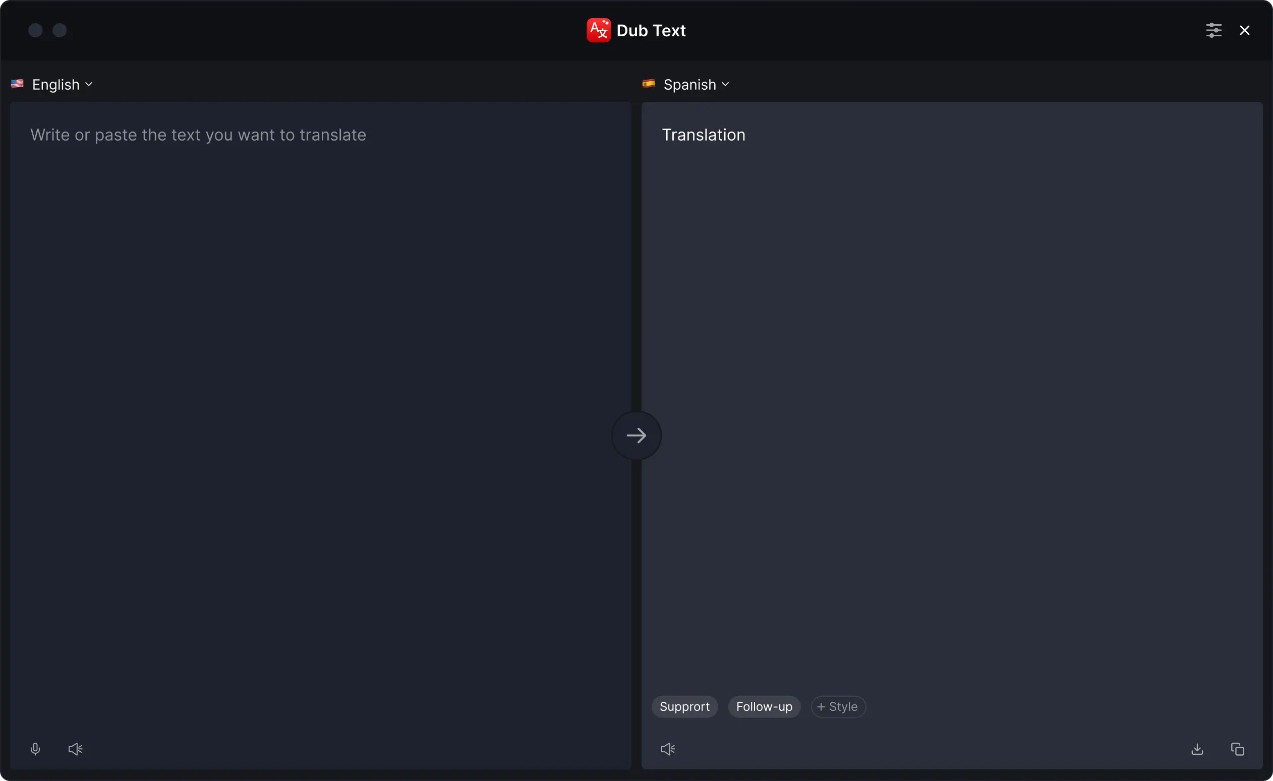 The AnyDub text window with the source language on the left and the translation on the right.